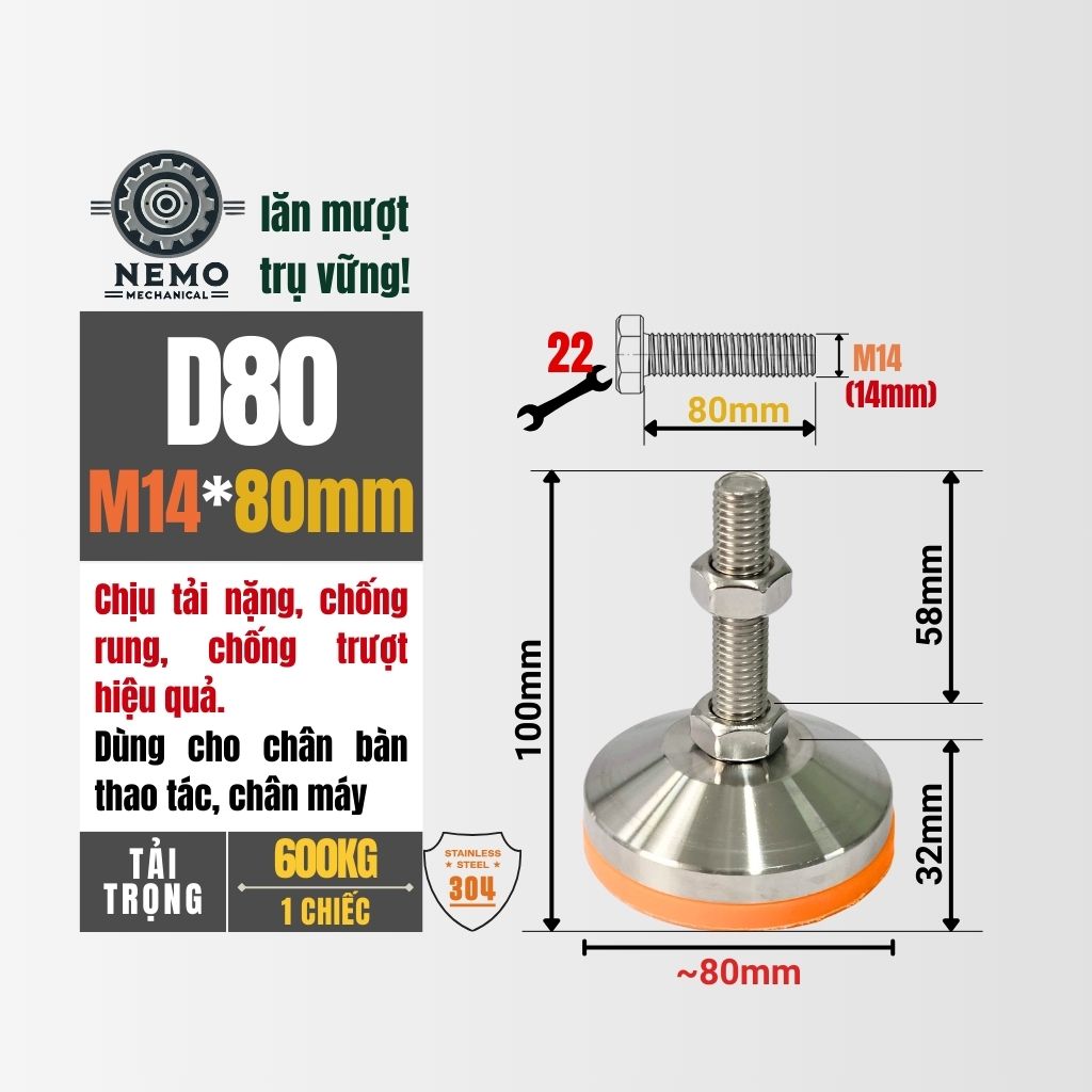 Chân Tăng Chỉnh Inox 304 Ren M14 – Đế Bát Dày Chịu Tải Siêu Nặng 600kg, Chống Ăn Mòn Tuyệt Đối